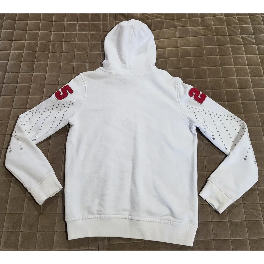 Gucci Distressed Logo Print Hoodie Ivory Size Medium W/Rhinestone Diamonds